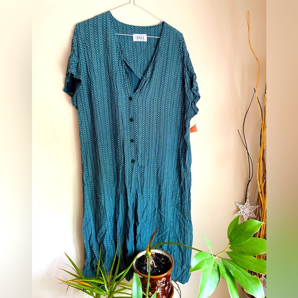 Vintage retro Choice Teal Button-Down Dress long top boho hippie cottagecore